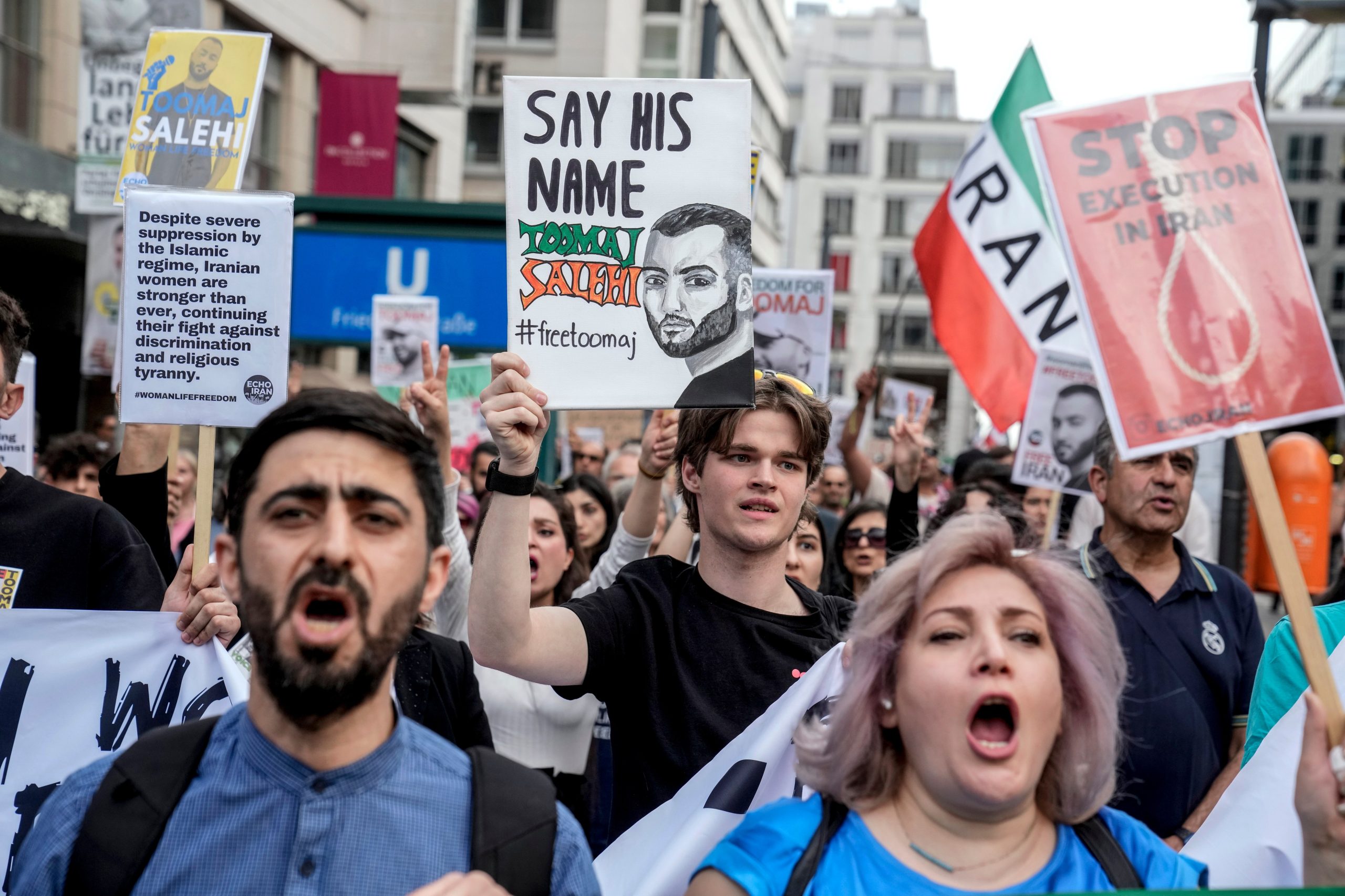 Protesters took to the streets in Berlin after Salehi was sentenced to death by an Iranian court